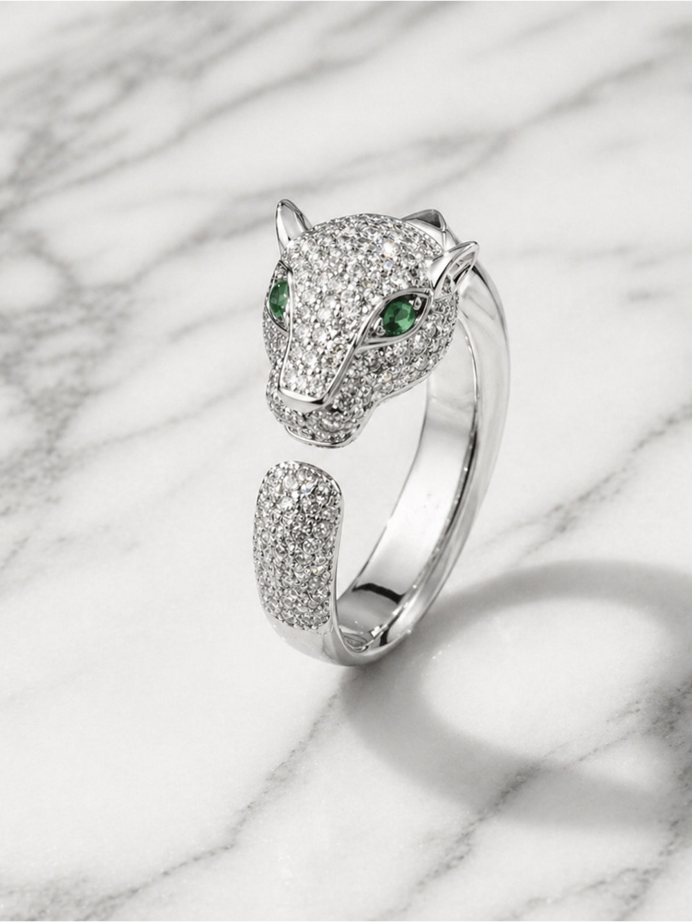 18K White Gold Filled Panther Ring AAA CZs Iced Statement Ring Adjustable Size 7